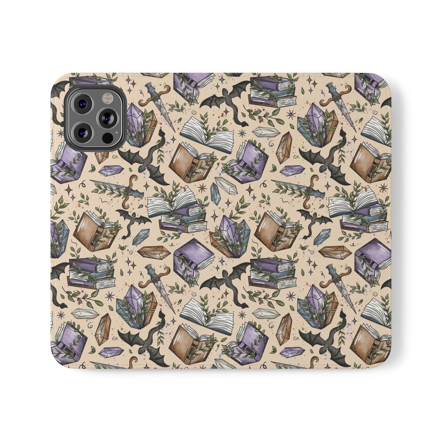 Witchy Bookish Flip Phone Case – Crystal, Bat & Spellbook Wallet Cover