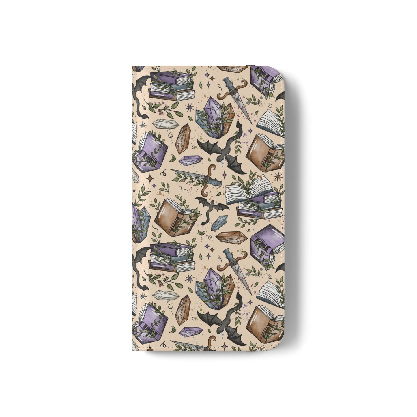 Witchy Bookish Flip Phone Case – Crystal, Bat & Spellbook Wallet Cover