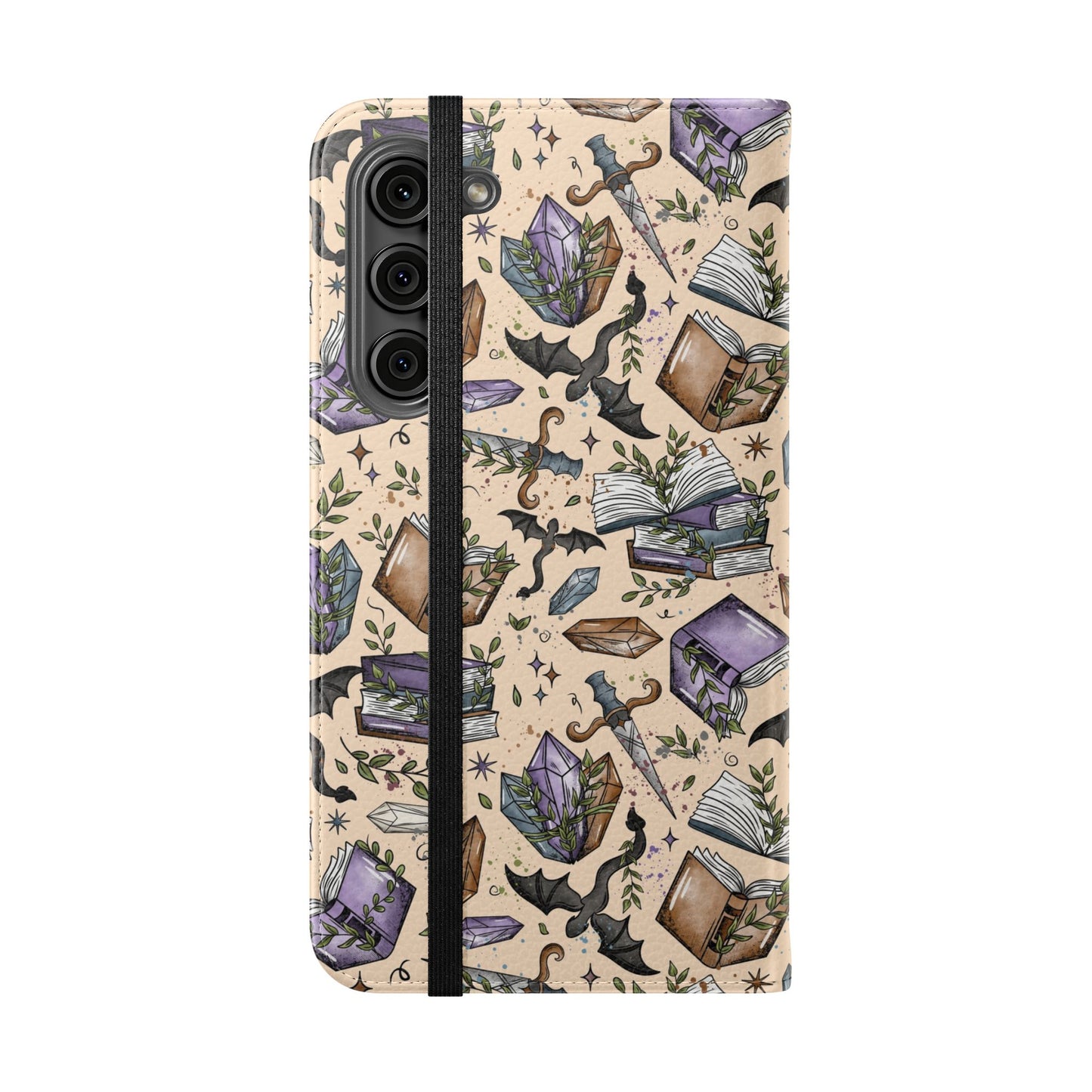 Witchy Bookish Flip Phone Case – Crystal, Bat & Spellbook Wallet Cover