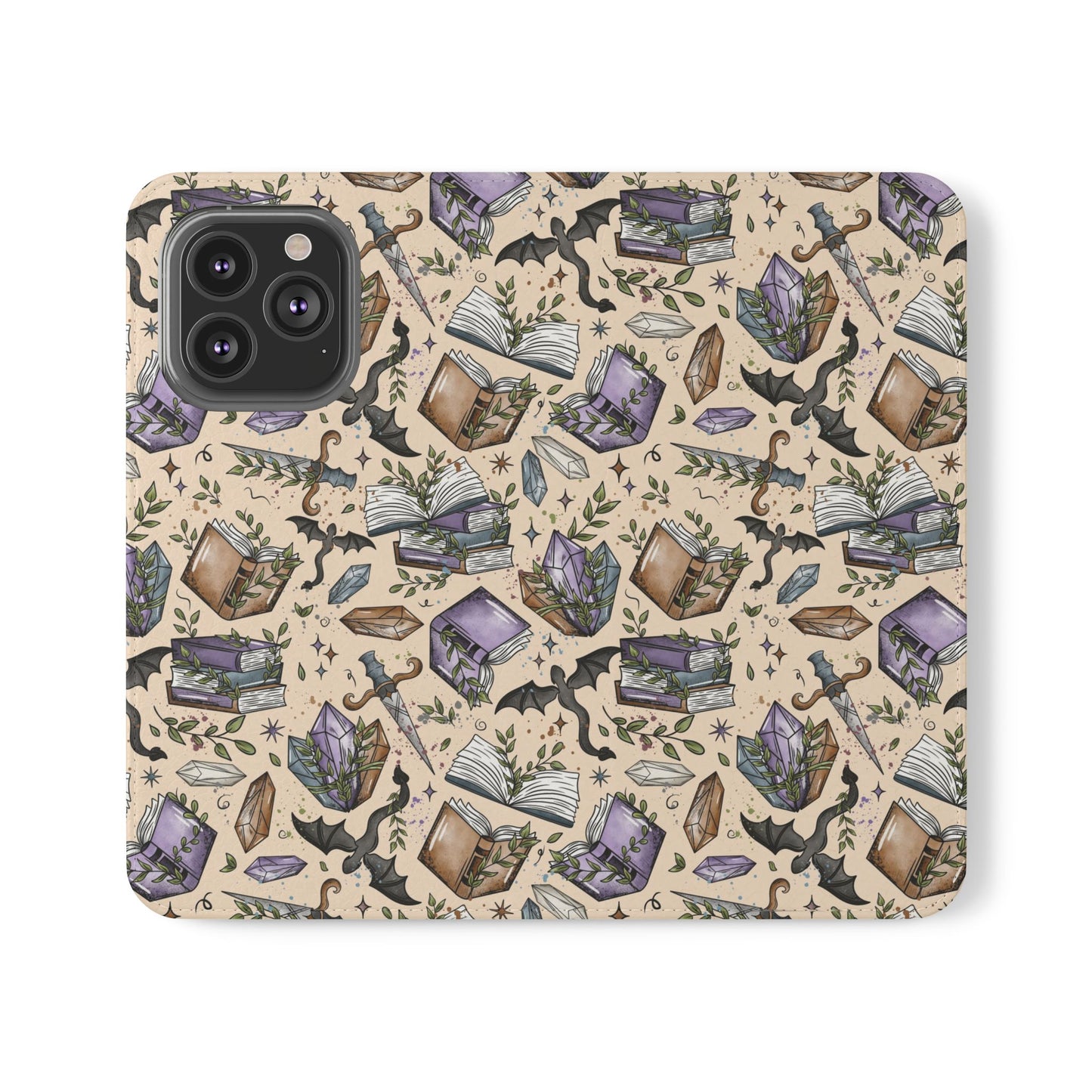 Witchy Bookish Flip Phone Case – Crystal, Bat & Spellbook Wallet Cover