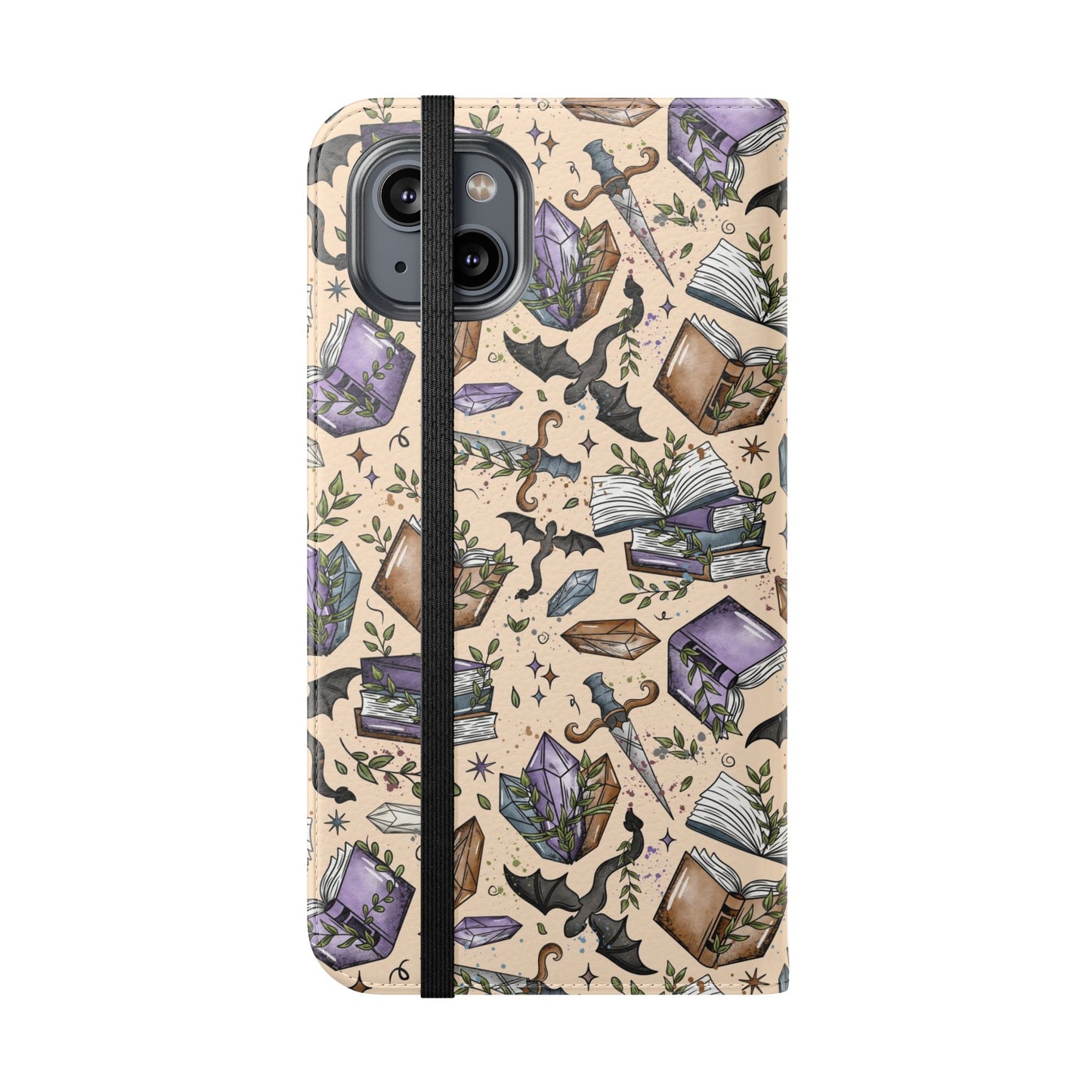 Witchy Bookish Flip Phone Case – Crystal, Bat & Spellbook Wallet Cover