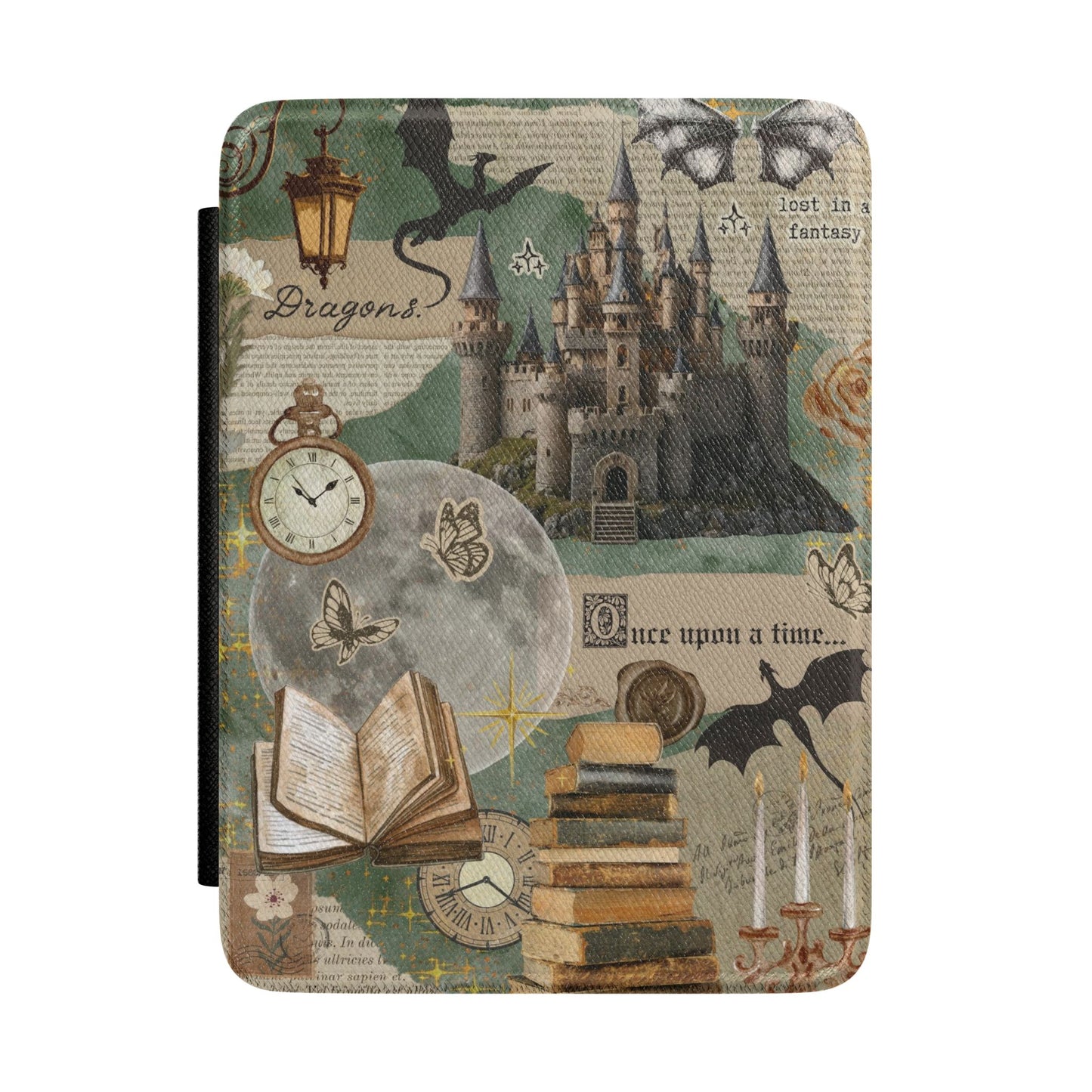 Fantasy Storybook Kindle Case – "Once Upon a Time" Castle, Dragons & Vintage Books eReader Cover