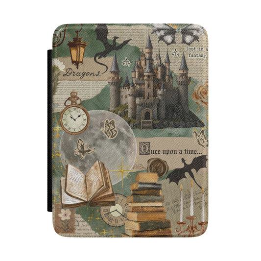 Fantasy Storybook Kindle Case – "Once Upon a Time" Castle, Dragons & Vintage Books eReader Cover