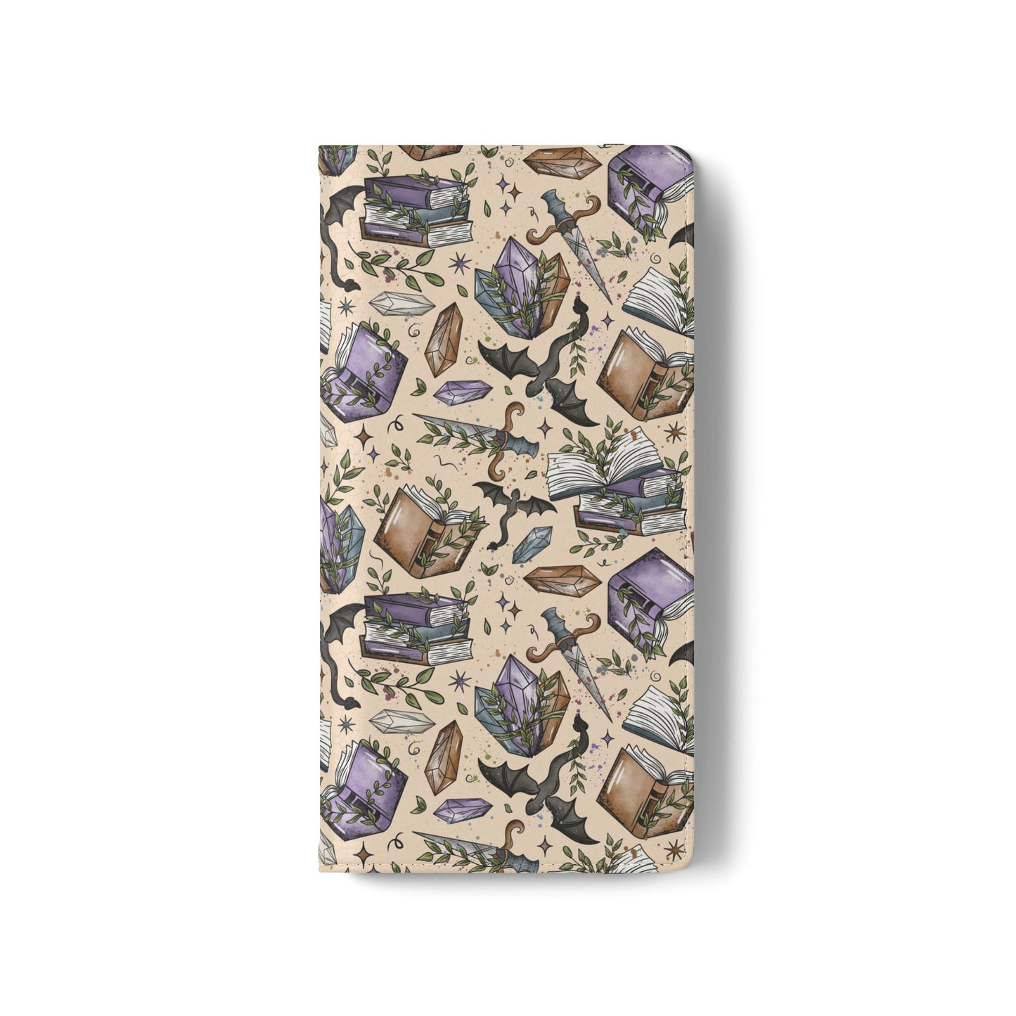 Witchy Bookish Flip Phone Case – Crystal, Bat & Spellbook Wallet Cover