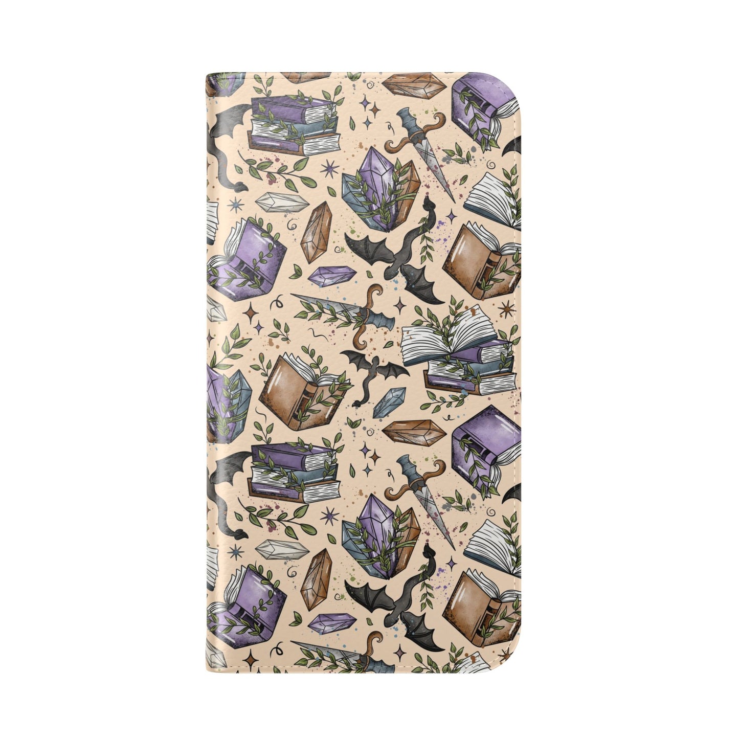 Witchy Bookish Flip Phone Case – Crystal, Bat & Spellbook Wallet Cover