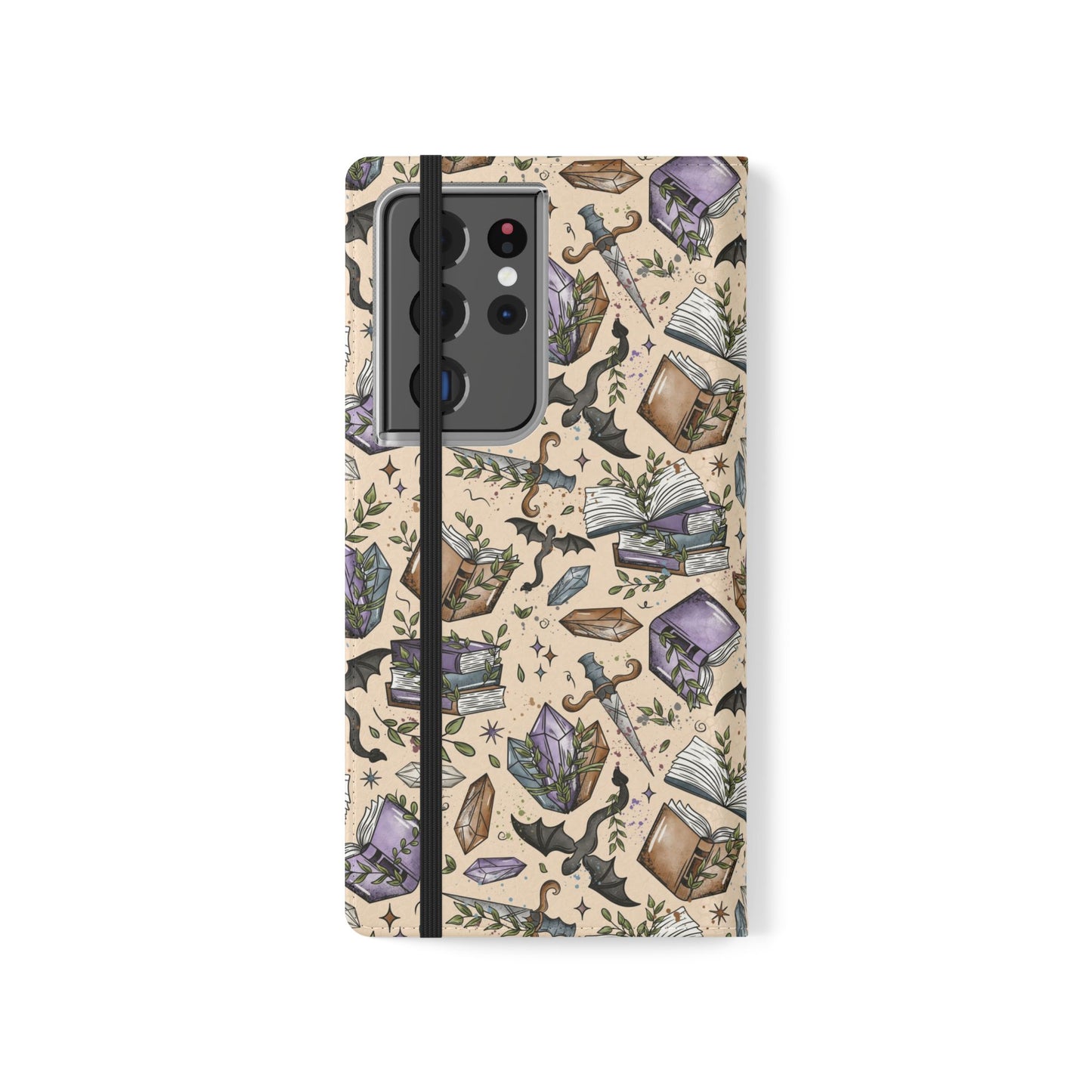 Witchy Bookish Flip Phone Case – Crystal, Bat & Spellbook Wallet Cover