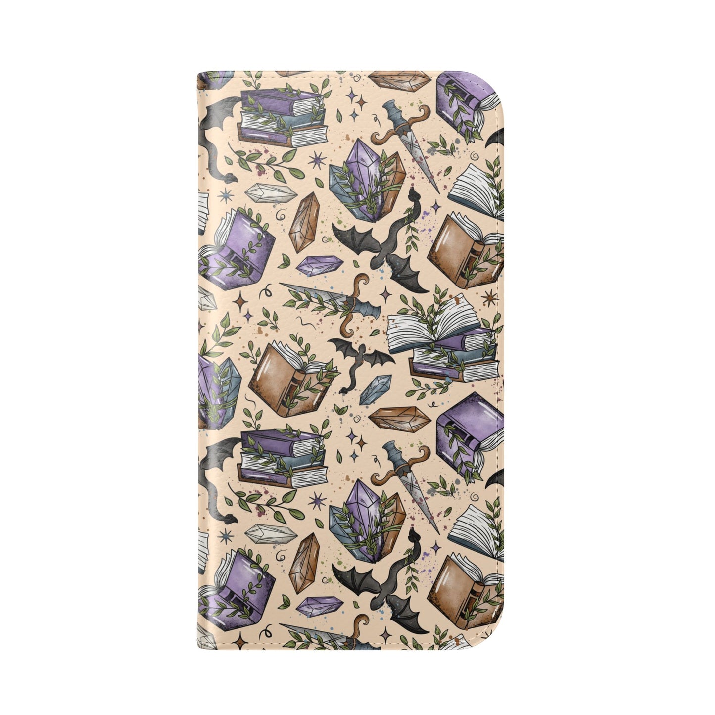 Witchy Bookish Flip Phone Case – Crystal, Bat & Spellbook Wallet Cover