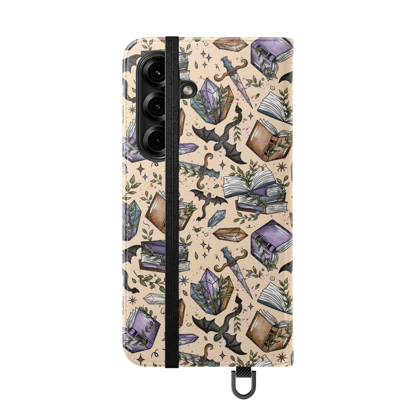 Witchy Bookish Flip Phone Case – Crystal, Bat & Spellbook Wallet Cover