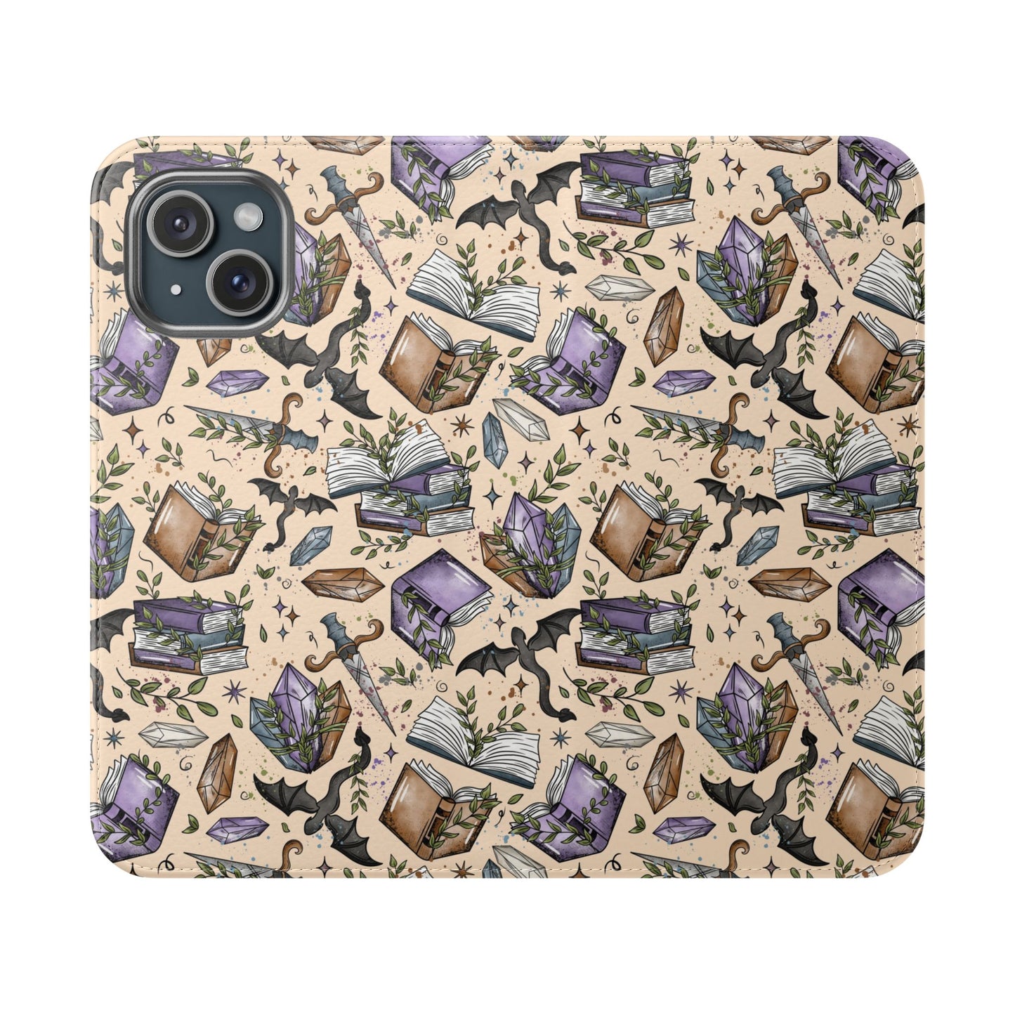 Witchy Bookish Flip Phone Case – Crystal, Bat & Spellbook Wallet Cover