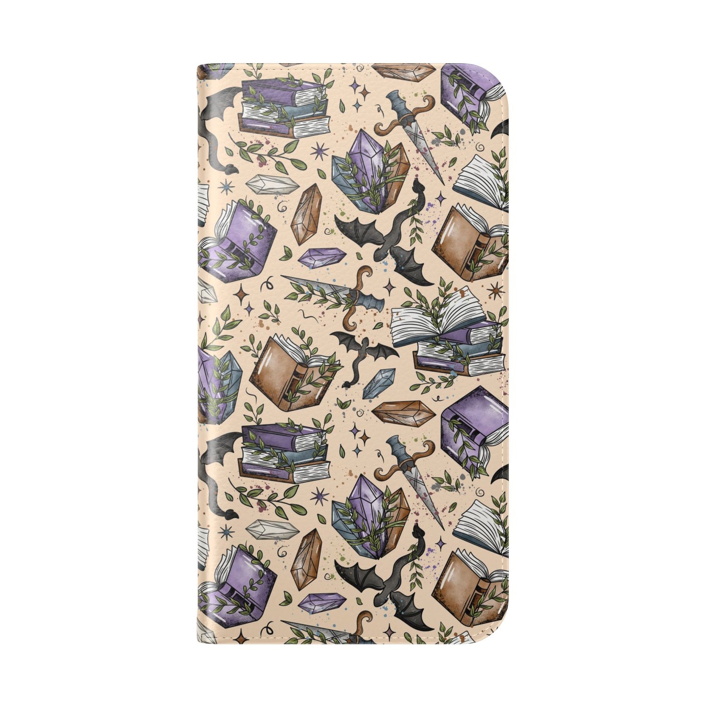 Witchy Bookish Flip Phone Case – Crystal, Bat & Spellbook Wallet Cover