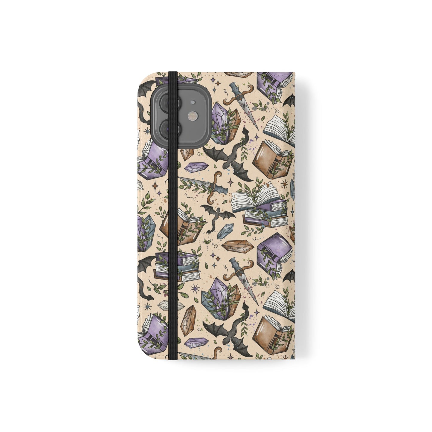 Witchy Bookish Flip Phone Case – Crystal, Bat & Spellbook Wallet Cover