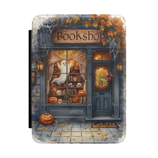 Halloween Bookshop Kindle Case — Ghost & Pumpkin Cozy Fall E-Reader Cover