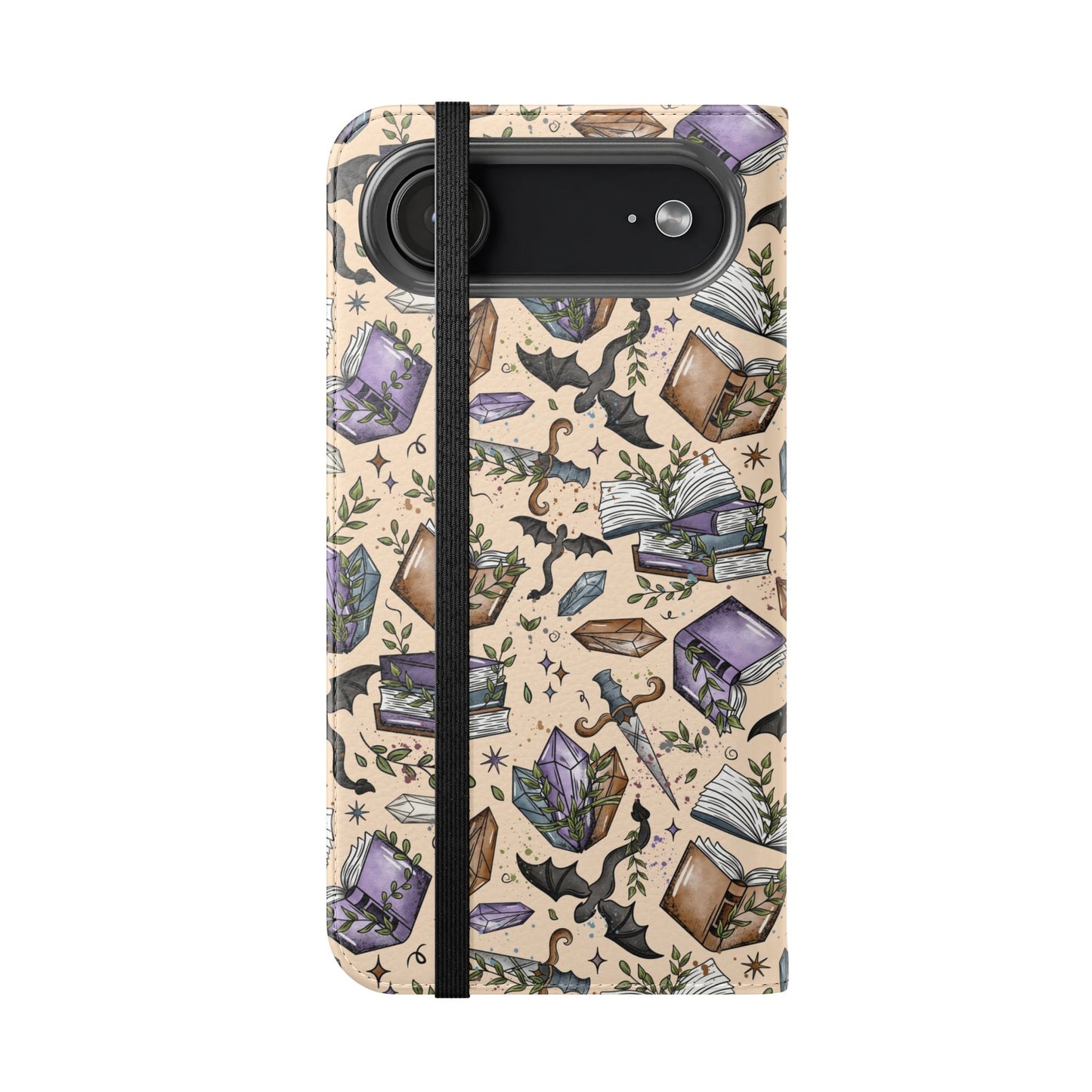 Witchy Bookish Flip Phone Case – Crystal, Bat & Spellbook Wallet Cover