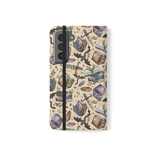 Witchy Bookish Flip Phone Case – Crystal, Bat & Spellbook Wallet Cover