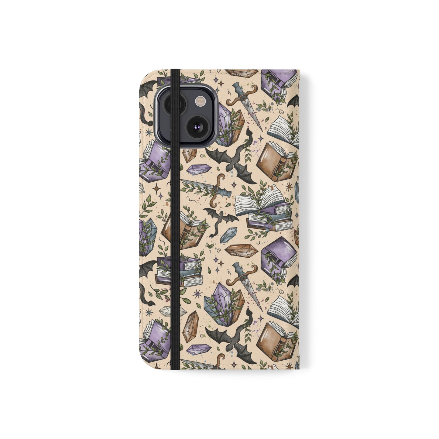 Witchy Bookish Flip Phone Case – Crystal, Bat & Spellbook Wallet Cover