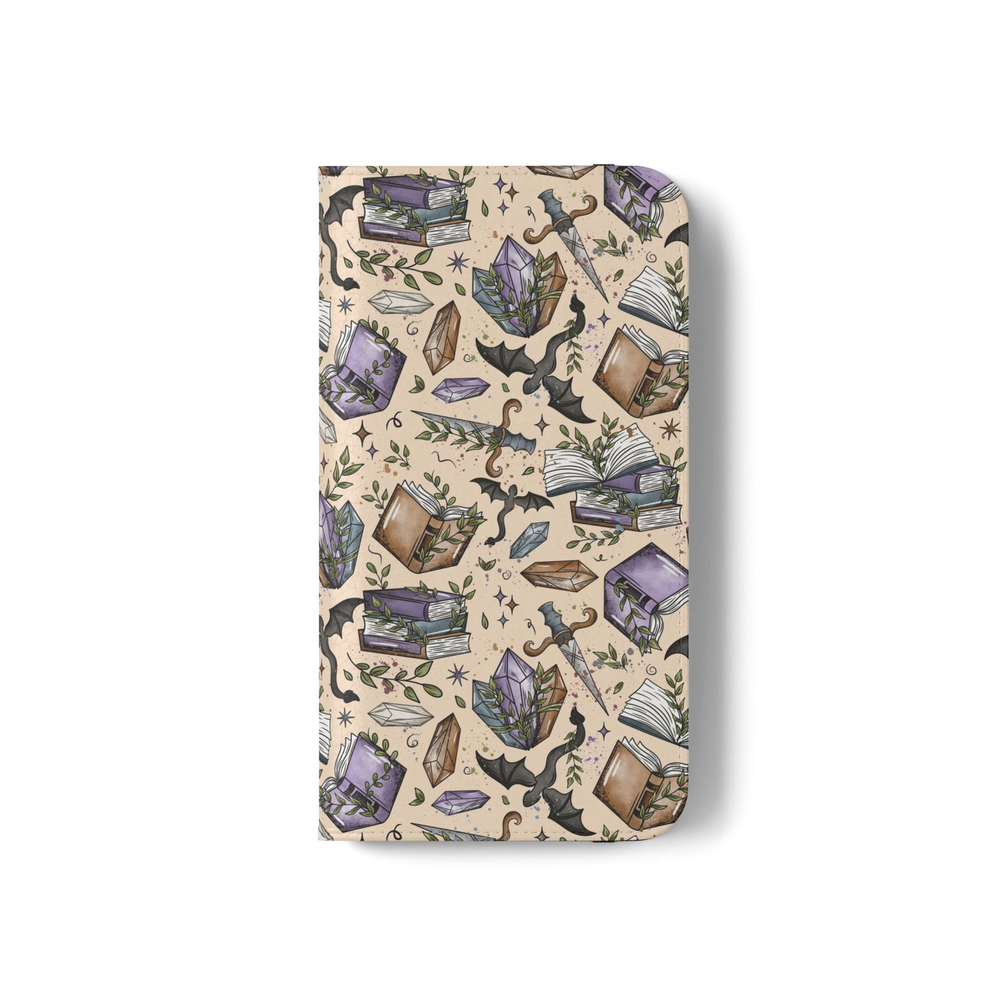 Witchy Bookish Flip Phone Case – Crystal, Bat & Spellbook Wallet Cover
