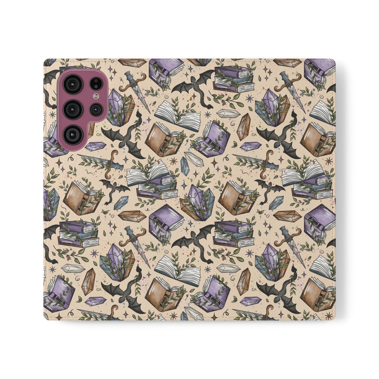Witchy Bookish Flip Phone Case – Crystal, Bat & Spellbook Wallet Cover