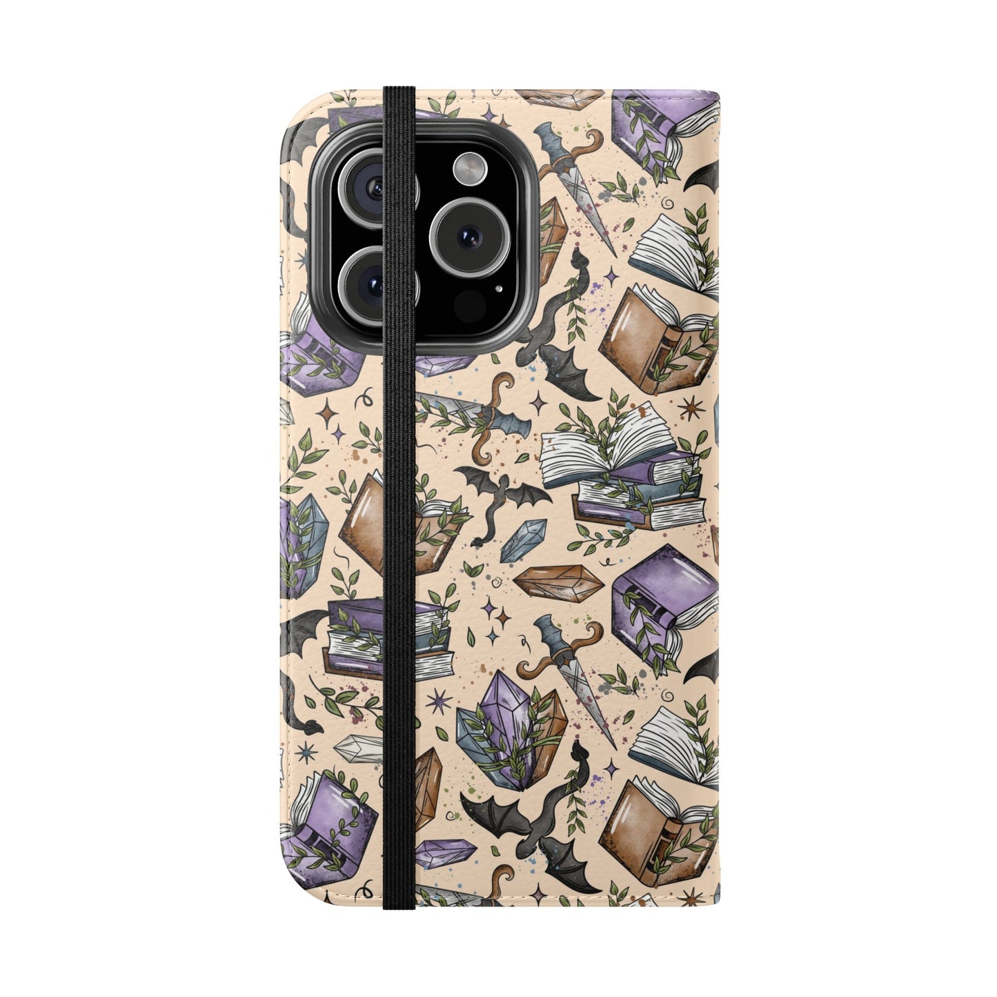 Witchy Bookish Flip Phone Case – Crystal, Bat & Spellbook Wallet Cover