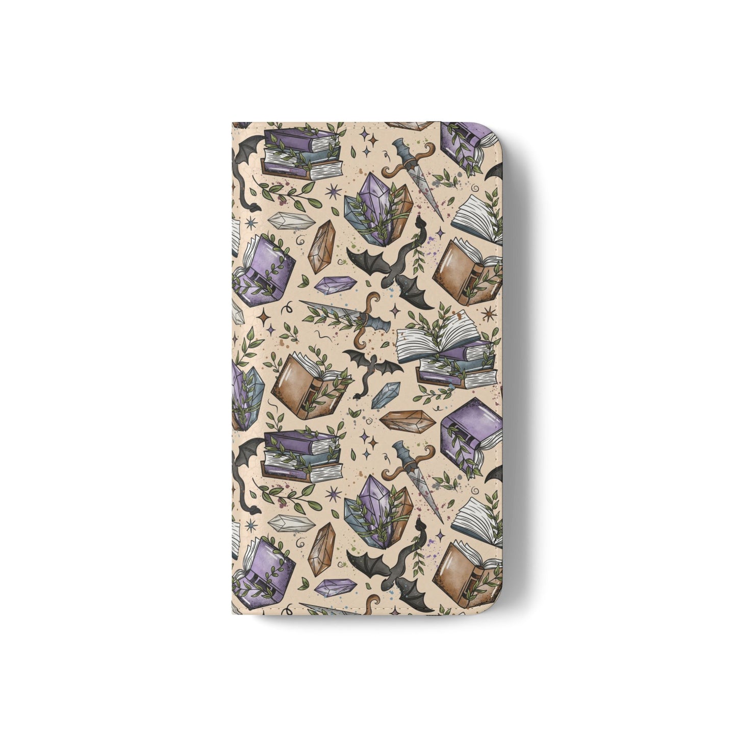 Witchy Bookish Flip Phone Case – Crystal, Bat & Spellbook Wallet Cover