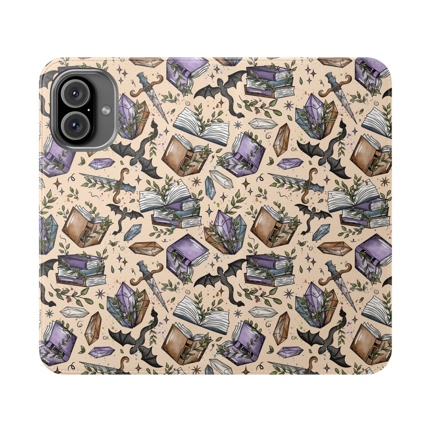 Witchy Bookish Flip Phone Case – Crystal, Bat & Spellbook Wallet Cover