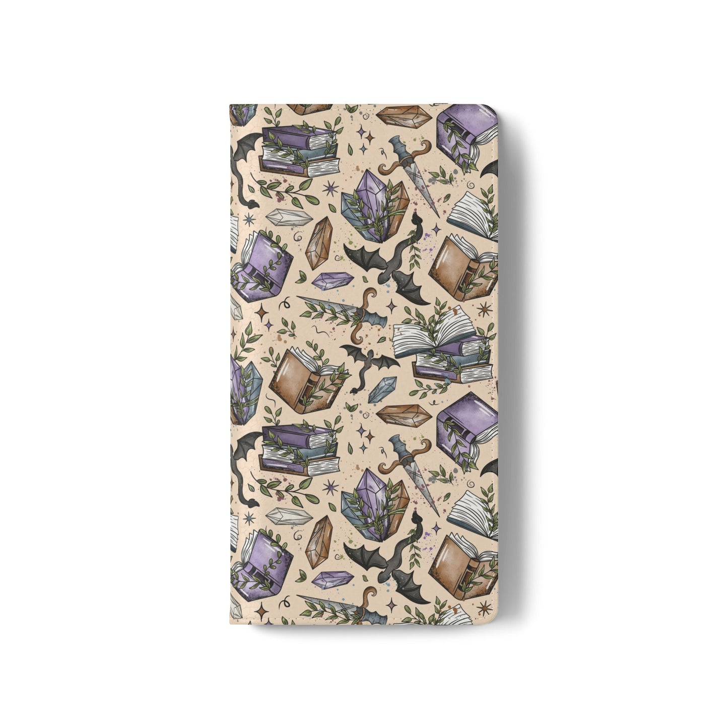 Witchy Bookish Flip Phone Case – Crystal, Bat & Spellbook Wallet Cover