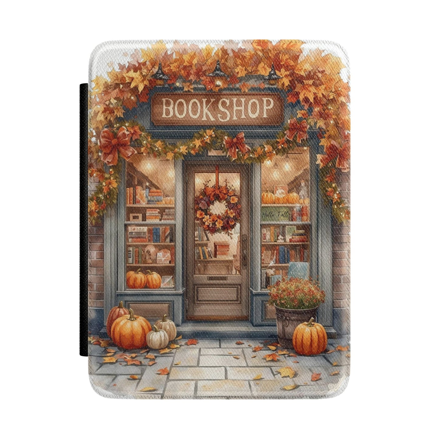Bookshop Autumn Kindle Case — Cozy Fall Bookstore Cover with Pumpkins & Wreath