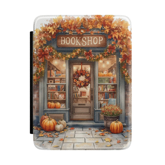 Bookshop Autumn Kindle Case — Cozy Fall Bookstore Cover with Pumpkins & Wreath