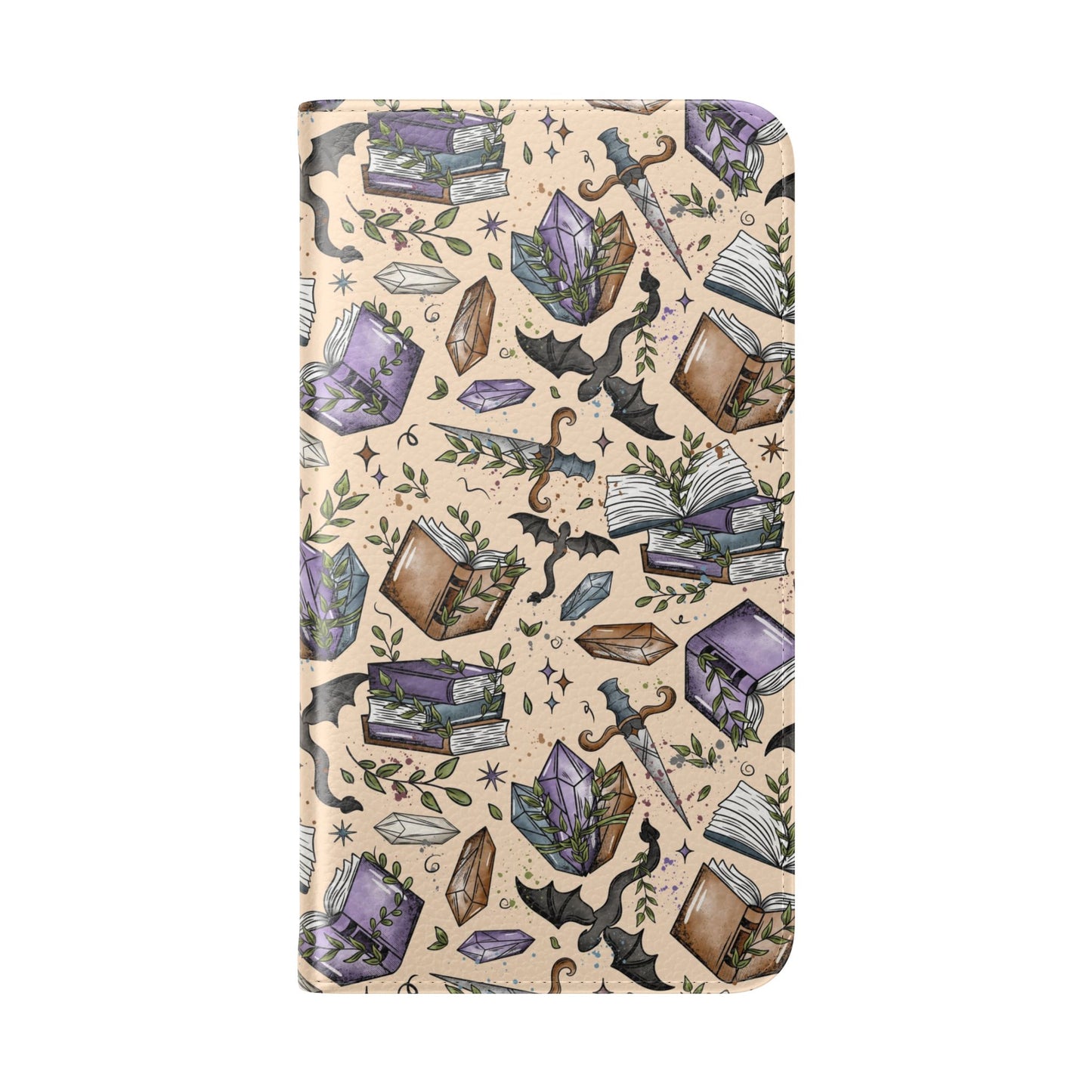 Witchy Bookish Flip Phone Case – Crystal, Bat & Spellbook Wallet Cover
