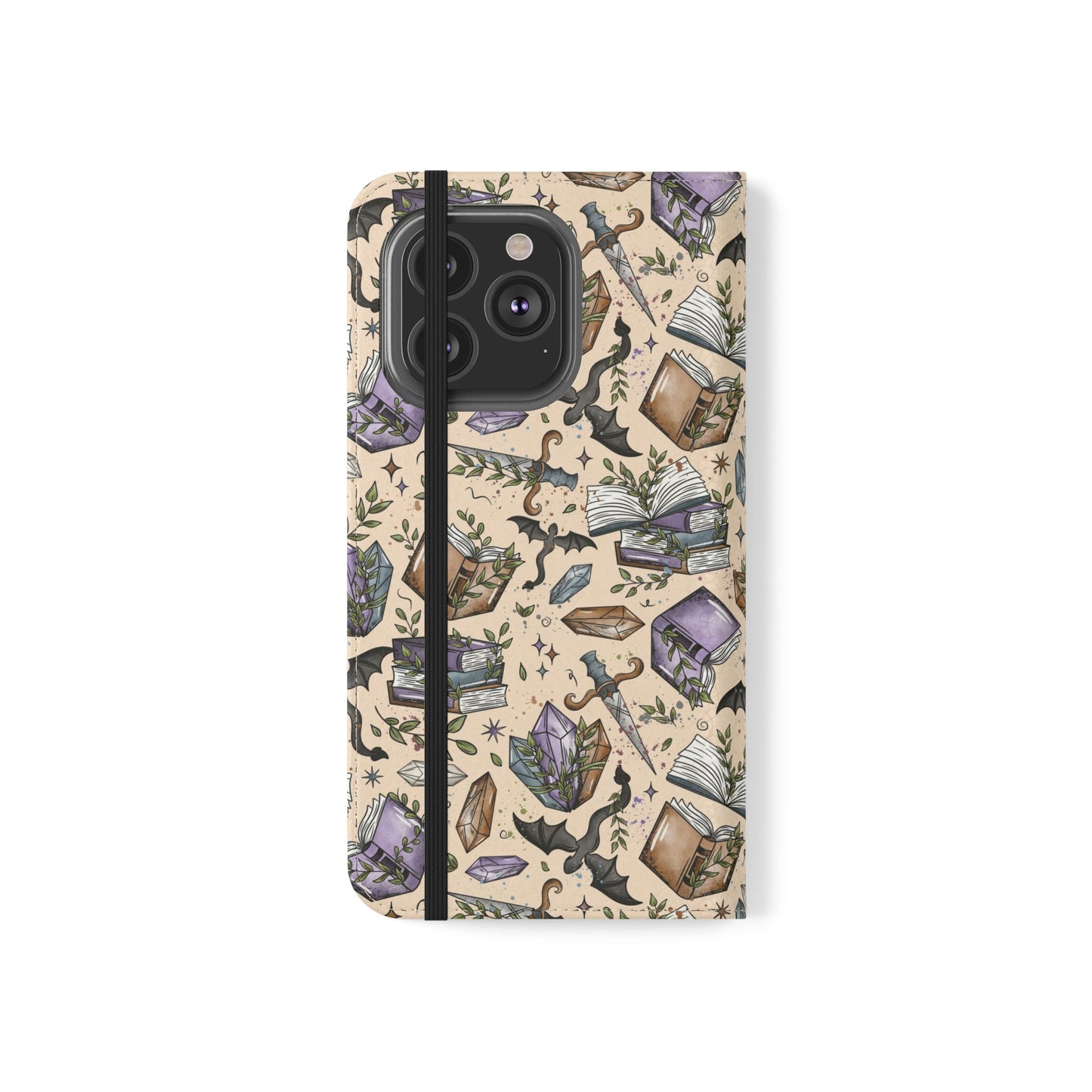 Witchy Bookish Flip Phone Case – Crystal, Bat & Spellbook Wallet Cover
