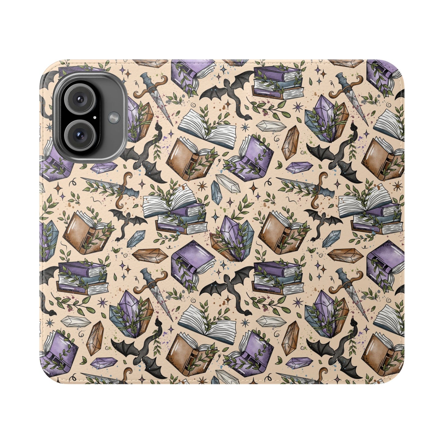 Witchy Bookish Flip Phone Case – Crystal, Bat & Spellbook Wallet Cover