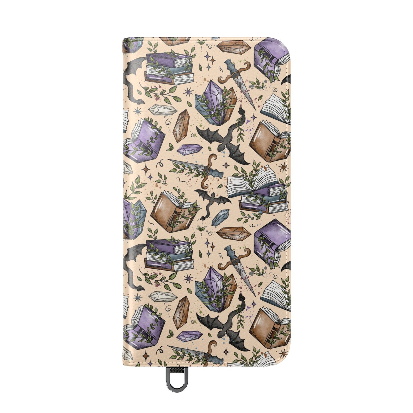 Witchy Bookish Flip Phone Case – Crystal, Bat & Spellbook Wallet Cover