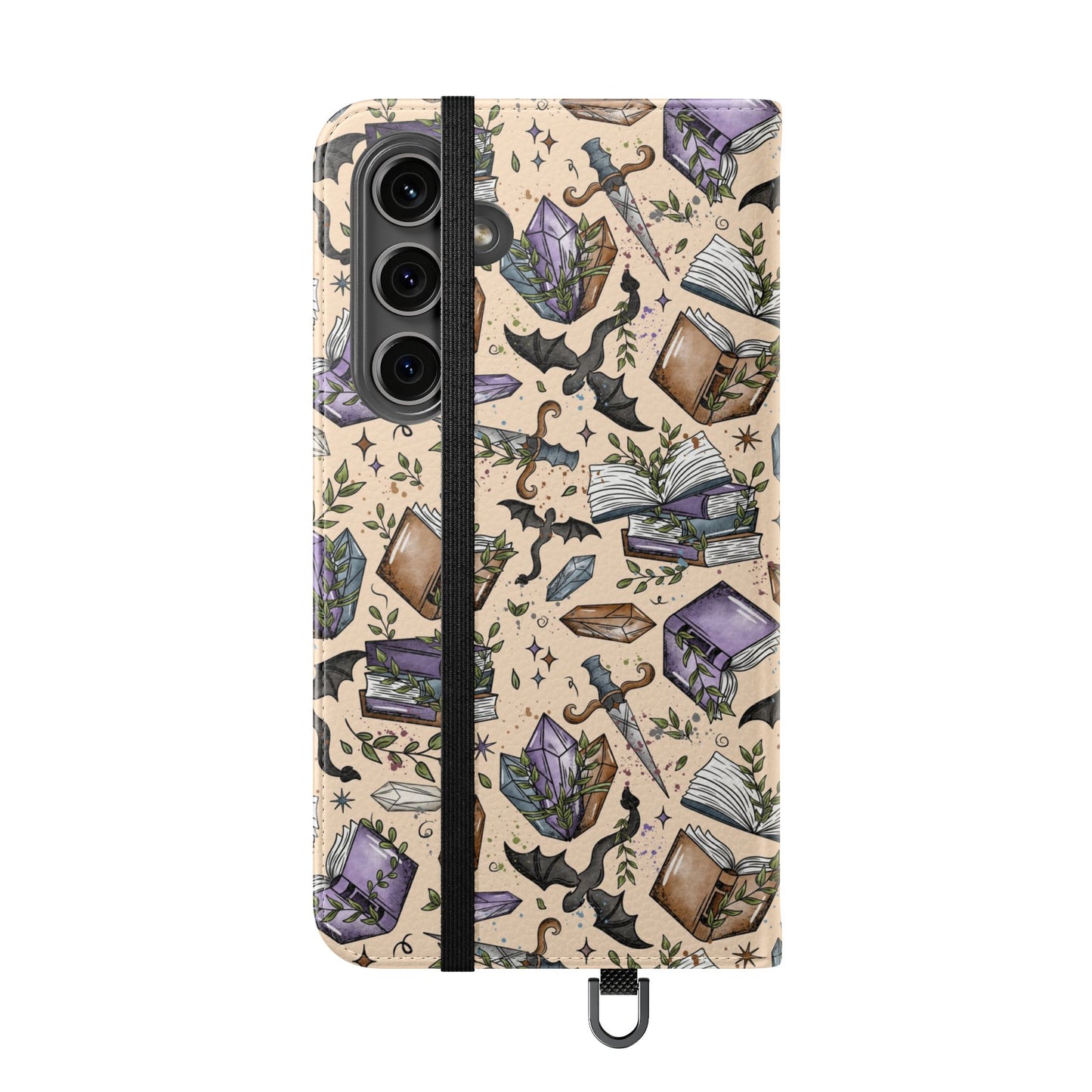 Witchy Bookish Flip Phone Case – Crystal, Bat & Spellbook Wallet Cover
