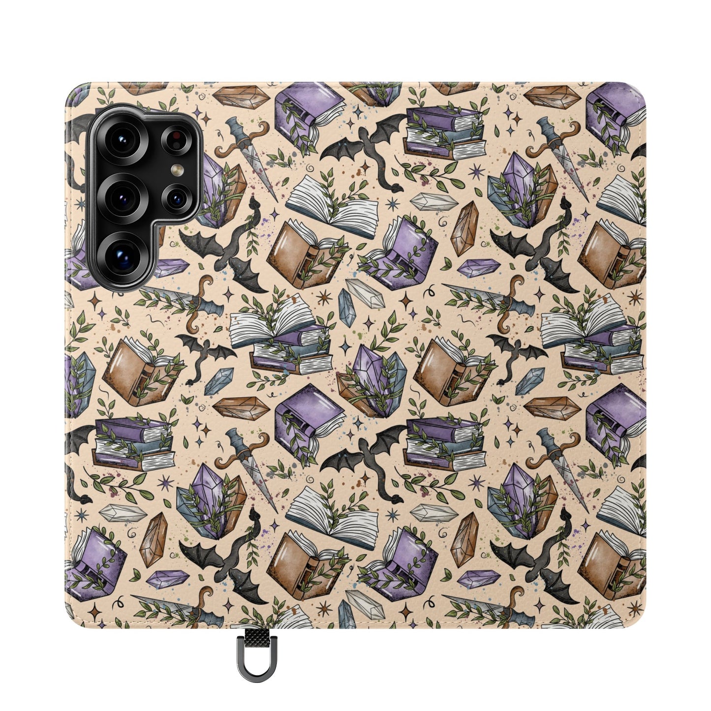 Witchy Bookish Flip Phone Case – Crystal, Bat & Spellbook Wallet Cover