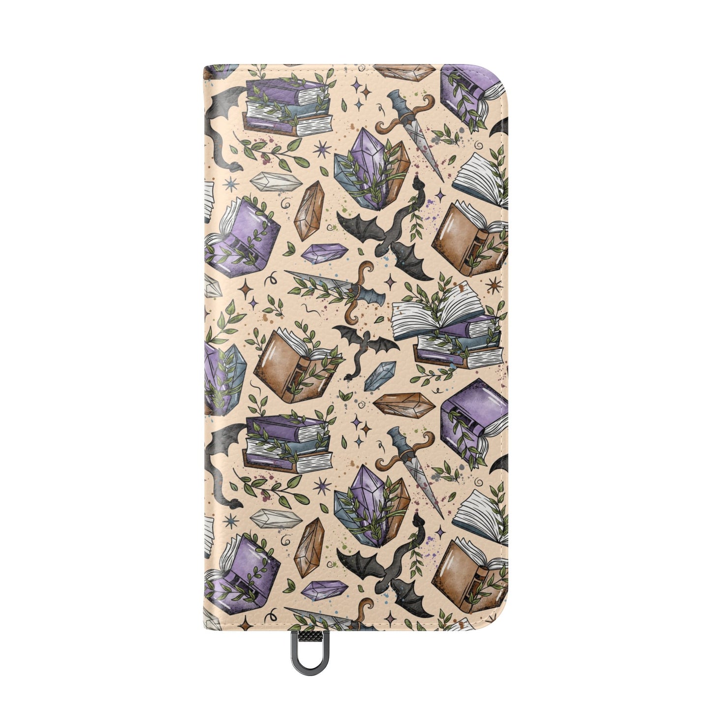 Witchy Bookish Flip Phone Case – Crystal, Bat & Spellbook Wallet Cover