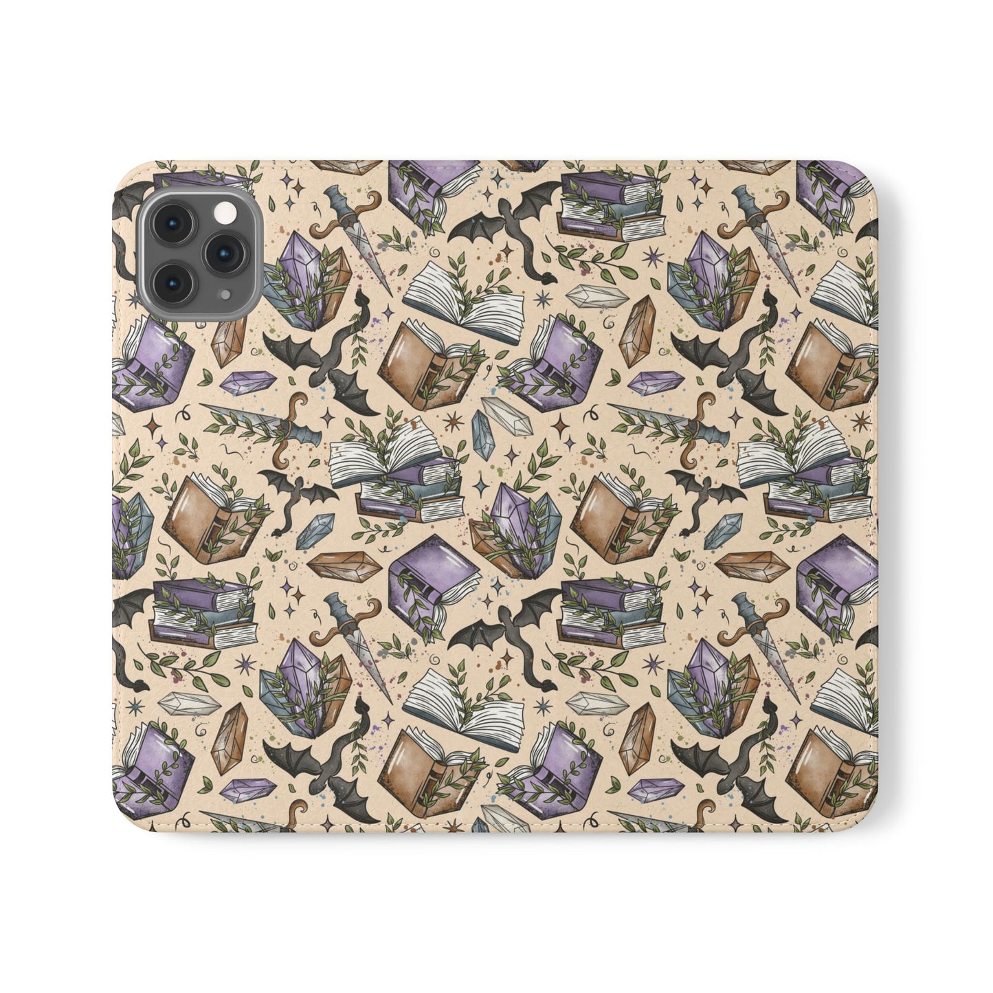 Witchy Bookish Flip Phone Case – Crystal, Bat & Spellbook Wallet Cover