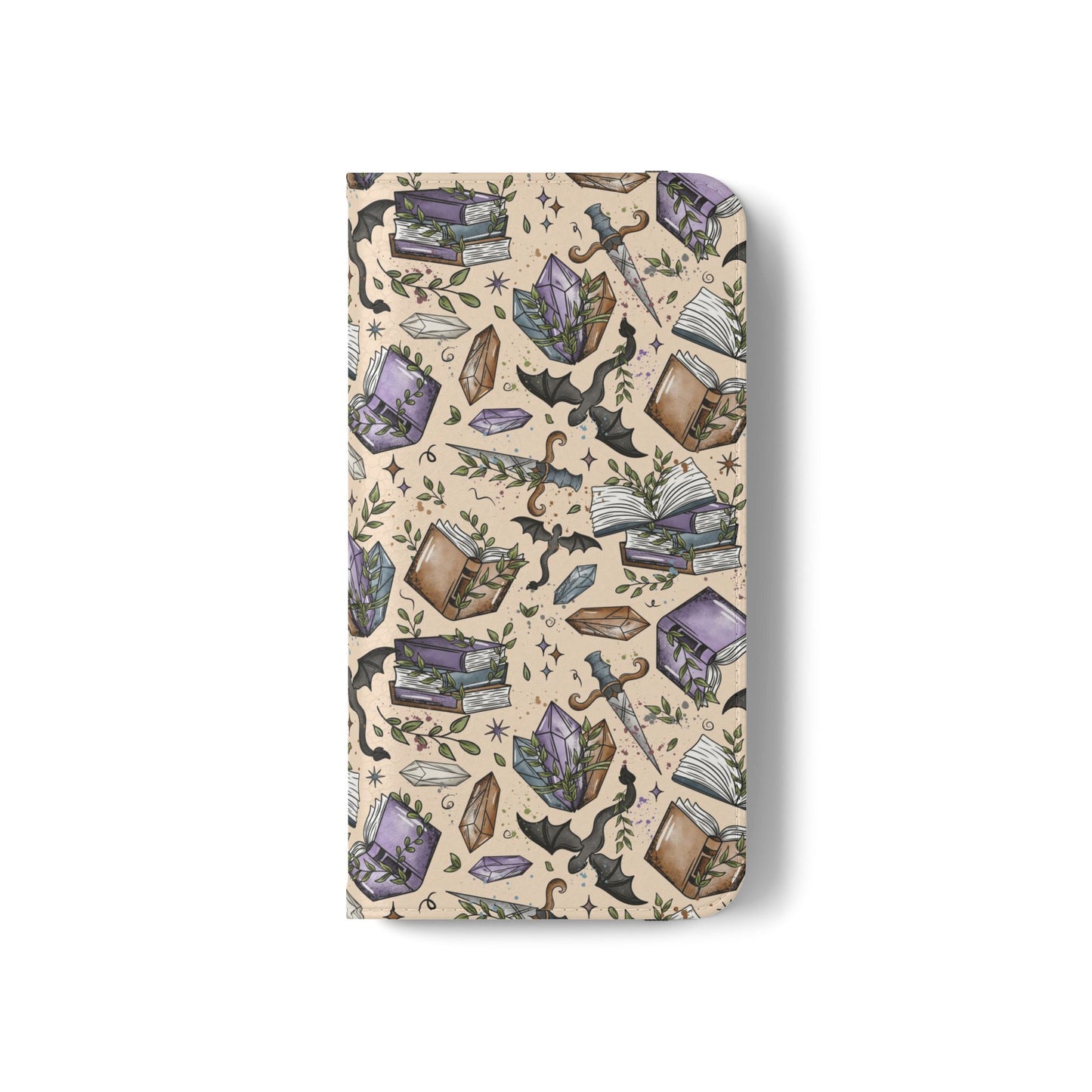 Witchy Bookish Flip Phone Case – Crystal, Bat & Spellbook Wallet Cover
