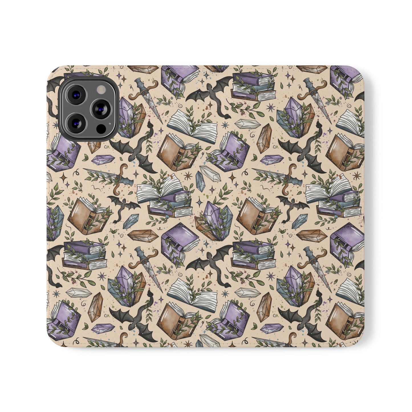 Witchy Bookish Flip Phone Case – Crystal, Bat & Spellbook Wallet Cover
