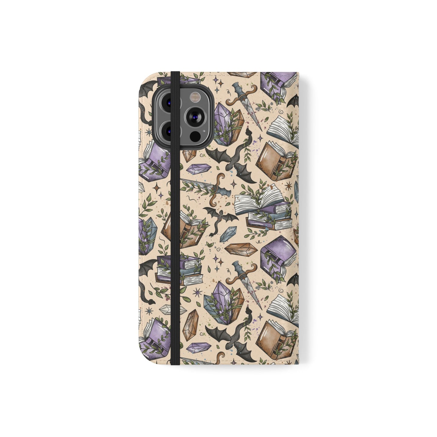 Witchy Bookish Flip Phone Case – Crystal, Bat & Spellbook Wallet Cover