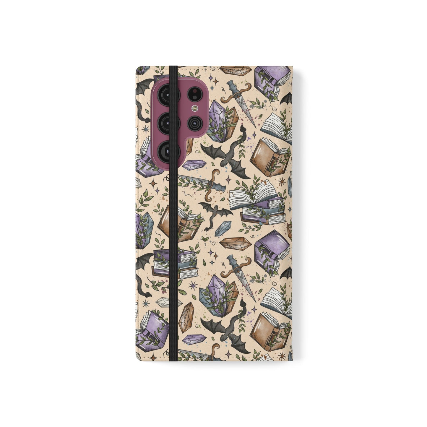 Witchy Bookish Flip Phone Case – Crystal, Bat & Spellbook Wallet Cover