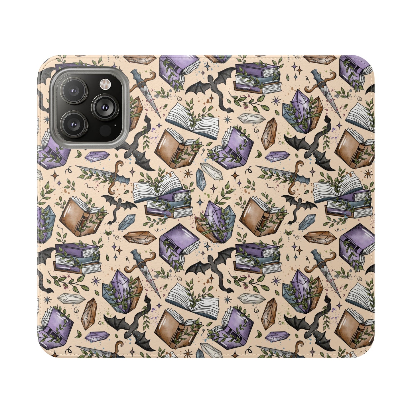Witchy Bookish Flip Phone Case – Crystal, Bat & Spellbook Wallet Cover
