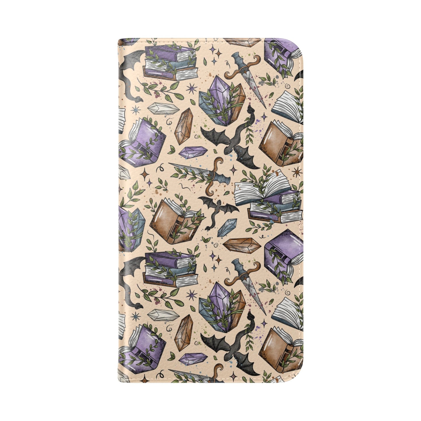Witchy Bookish Flip Phone Case – Crystal, Bat & Spellbook Wallet Cover