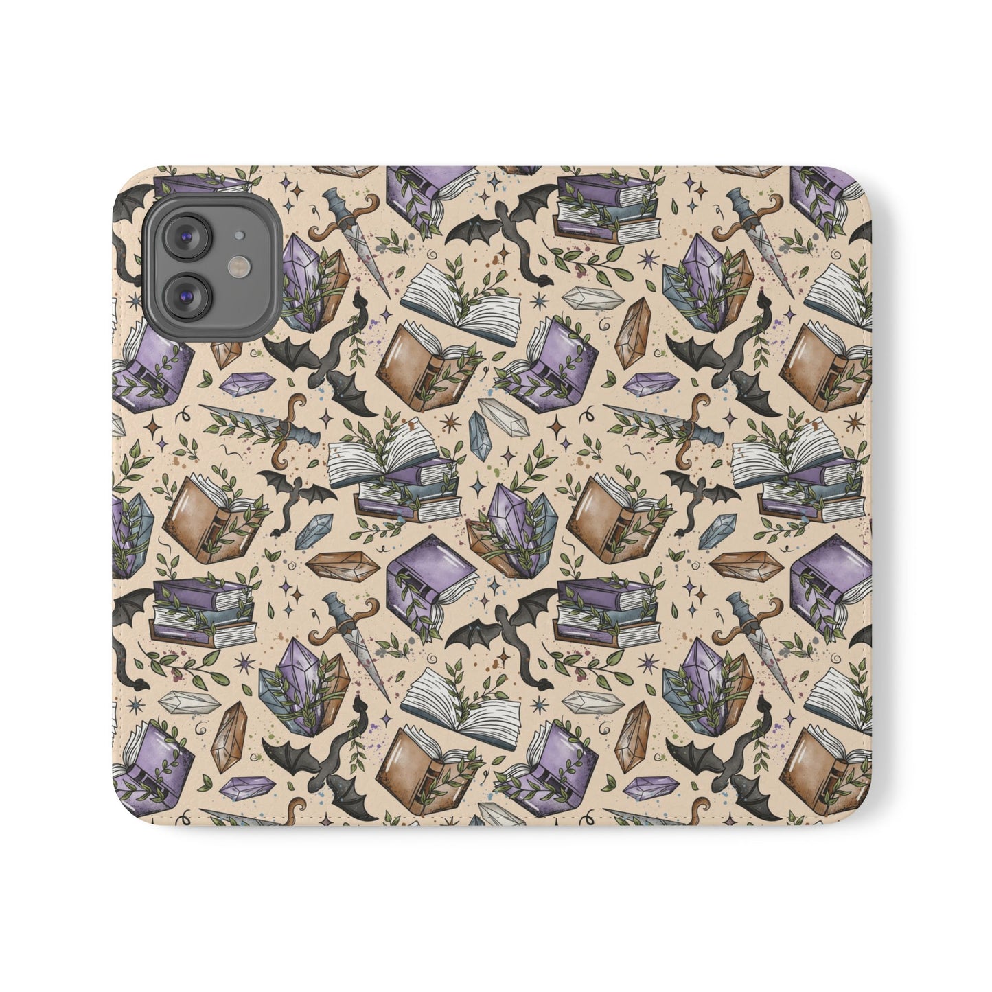 Witchy Bookish Flip Phone Case – Crystal, Bat & Spellbook Wallet Cover
