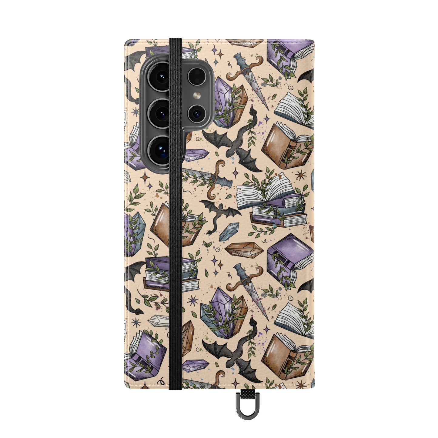 Witchy Bookish Flip Phone Case – Crystal, Bat & Spellbook Wallet Cover