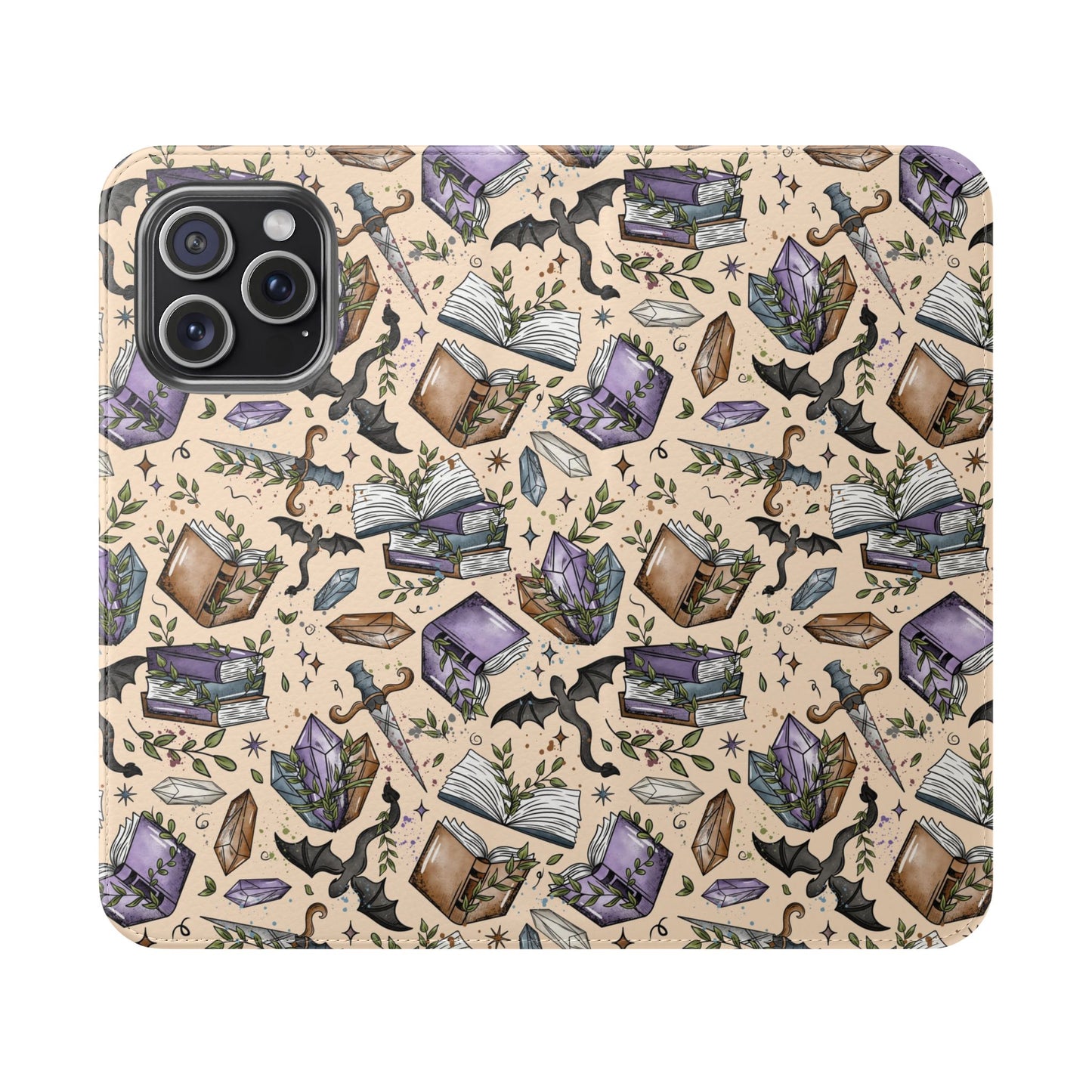 Witchy Bookish Flip Phone Case – Crystal, Bat & Spellbook Wallet Cover