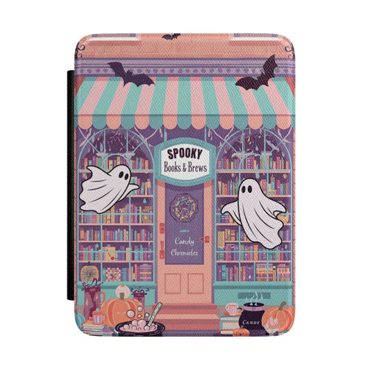 Spooky Books & Brews Kindle Case — Halloween Ghosts Bookshop E-Reader Cover