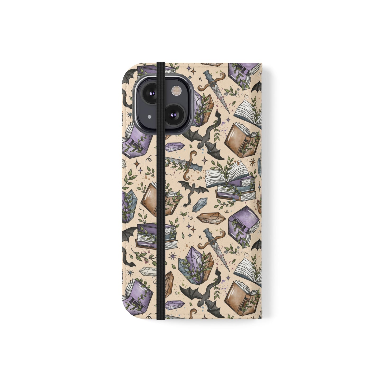Witchy Bookish Flip Phone Case – Crystal, Bat & Spellbook Wallet Cover