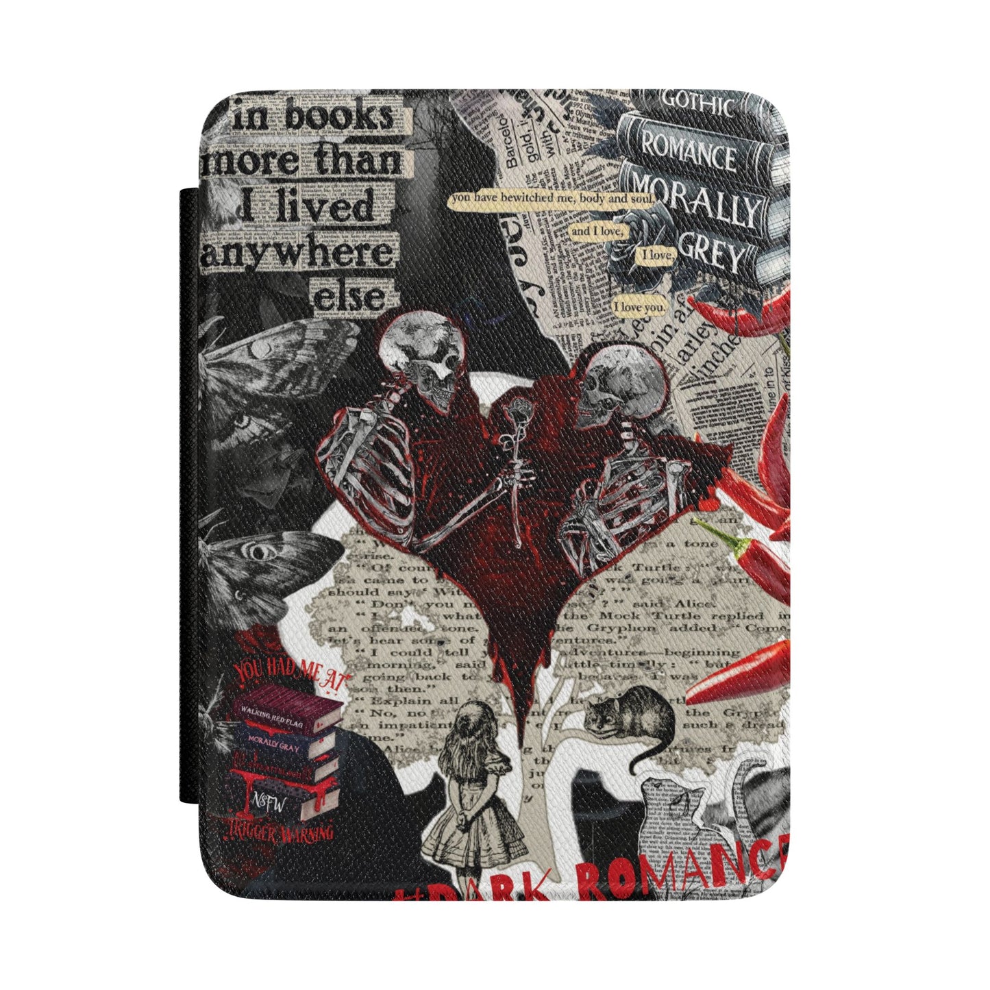 Gothic Romance Kindle Case — Dark Literary Collage with Skeleton Heart