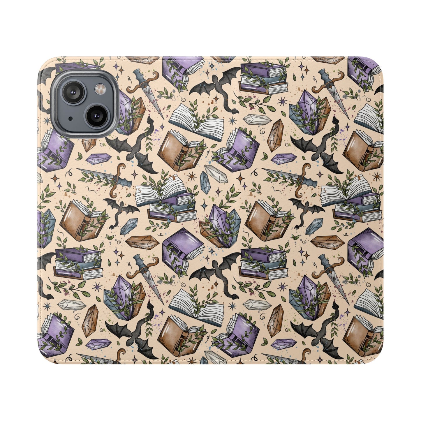 Witchy Bookish Flip Phone Case – Crystal, Bat & Spellbook Wallet Cover