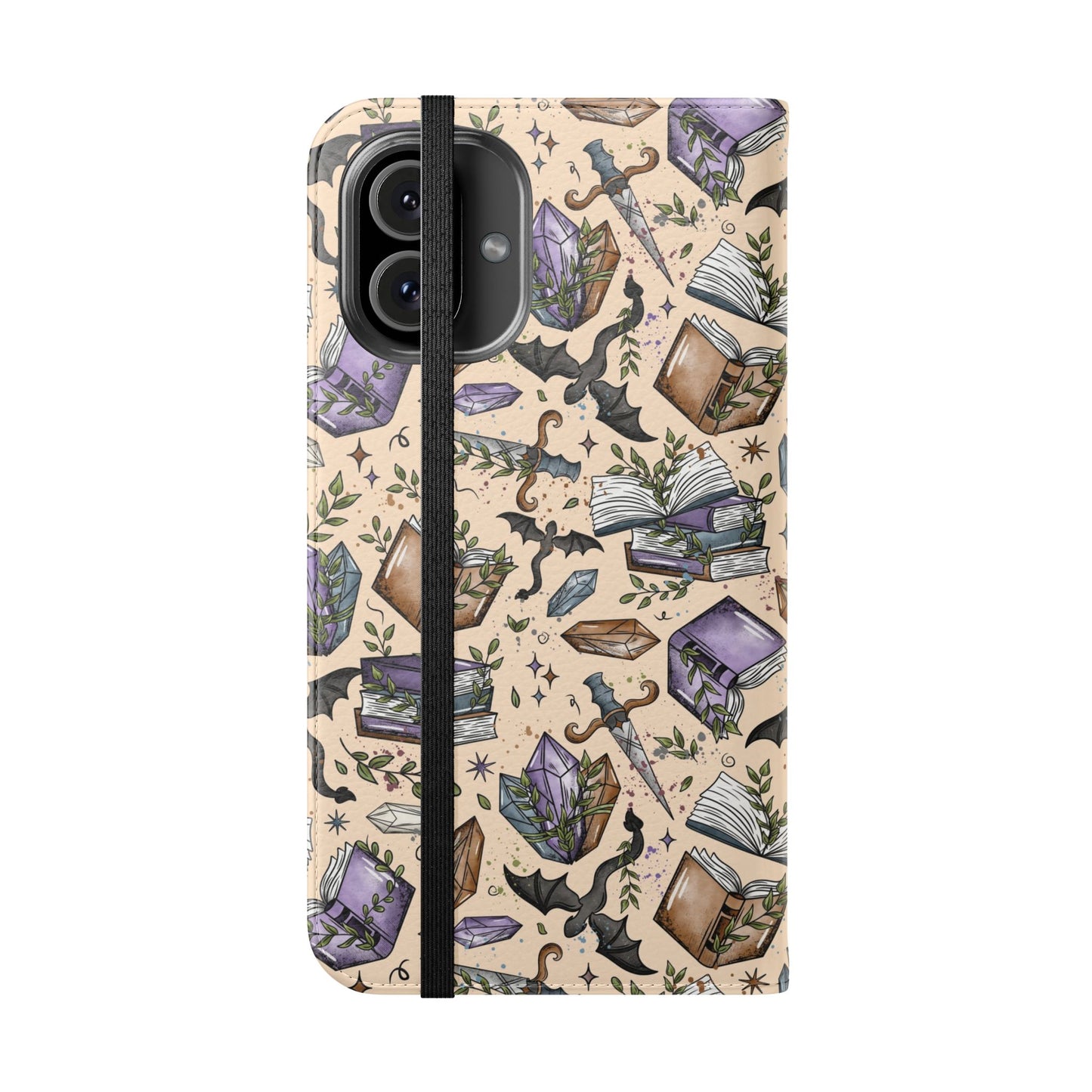 Witchy Bookish Flip Phone Case – Crystal, Bat & Spellbook Wallet Cover