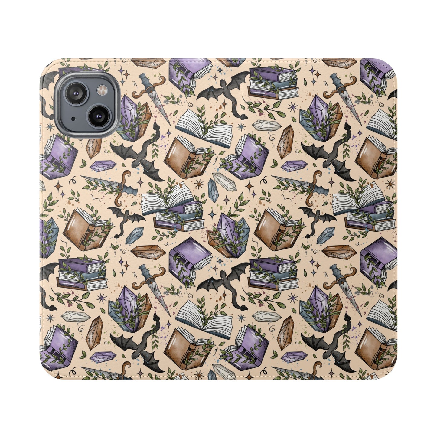 Witchy Bookish Flip Phone Case – Crystal, Bat & Spellbook Wallet Cover